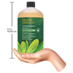Desert Essence face wash in a bathroom setting