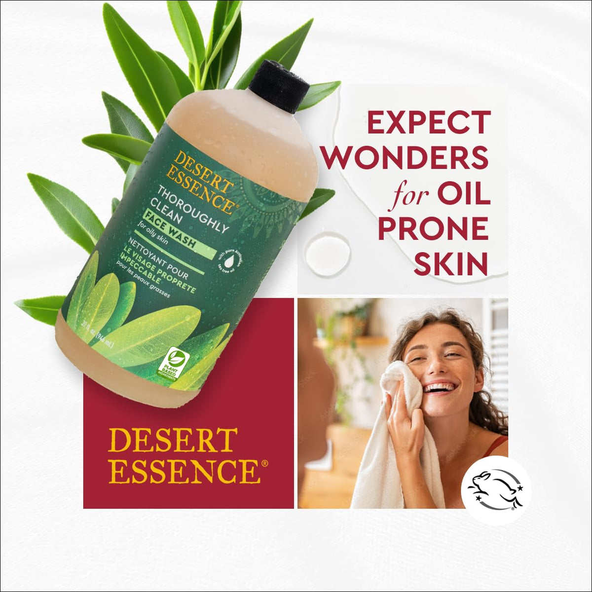 Desert Essence face wash in bathroom setting