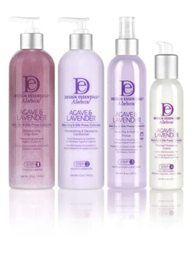 Design Essentials Agave & Lavender Shampoo with a towel and hairbrush