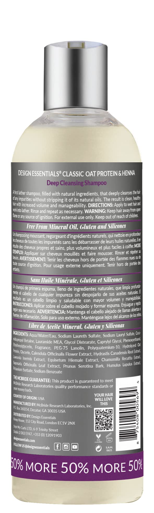 Design Essentials Oat Protein & Henna Deep Cleansing Shampoo bottle side view