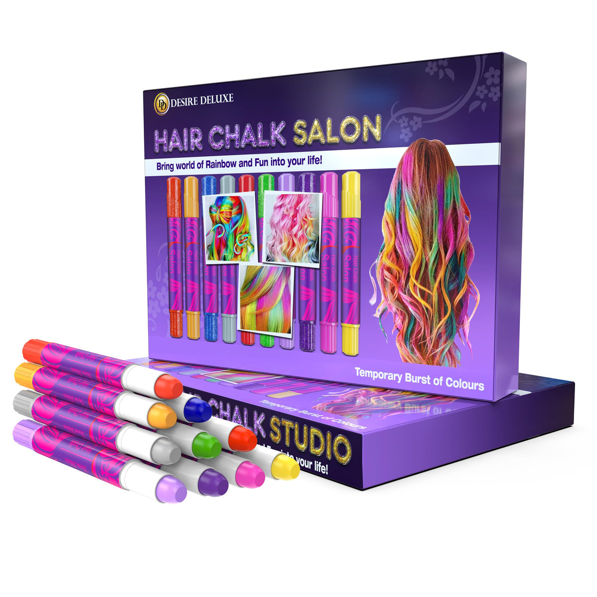 Desire Deluxe Hair Chalk Set with 10 colour pens arranged in a box