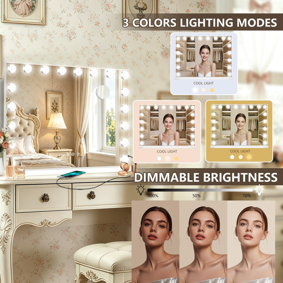 Detachable 10X magnifying mirror included with Ratsamee Vanity Mirror