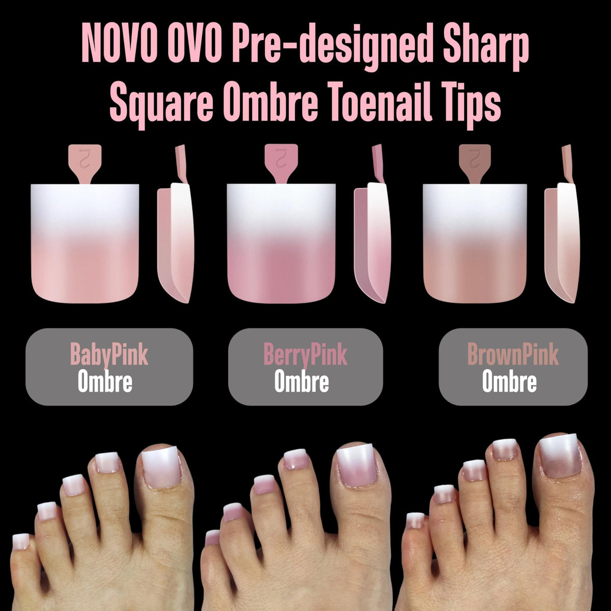 Detailed view of NOVO OVO Ombre toenail tips with nail art embellishments