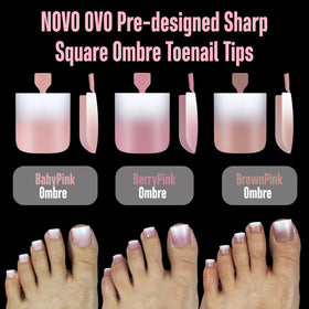 Detailed view of NOVO OVO Ombre toenail tips with nail art embellishments