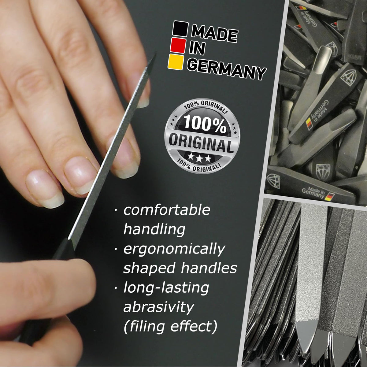 Detailed view of the dual-sided nail file in the set