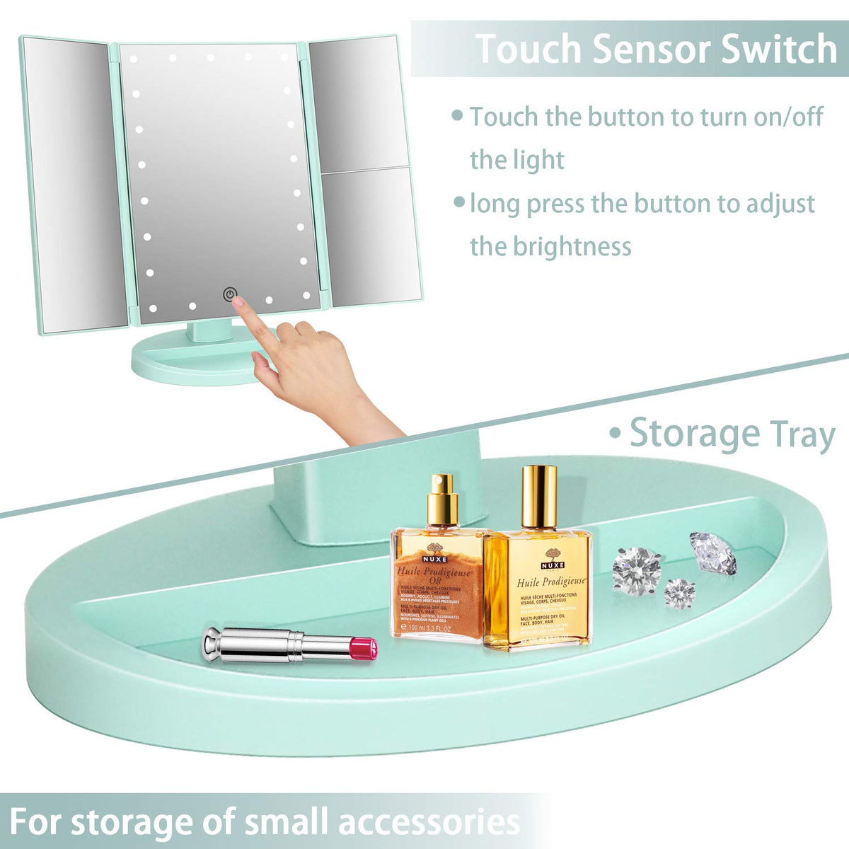 deweisn Tri-Fold Lighted Makeup Mirror close-up of touch sensor