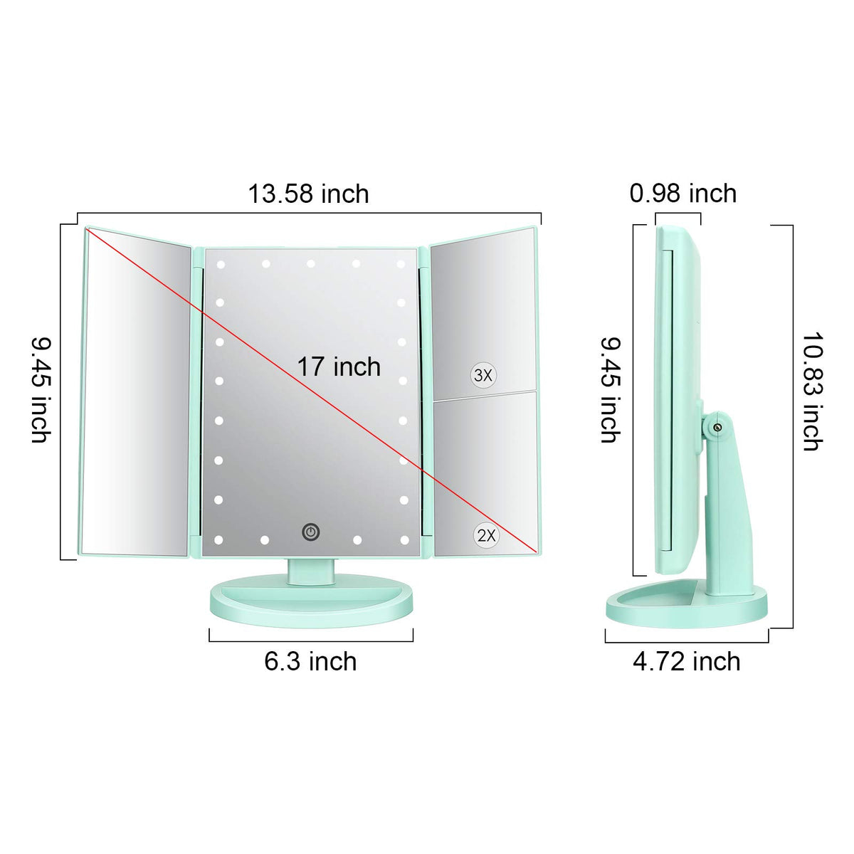 deweisn Tri-Fold Lighted Makeup Mirror side view showing 3X magnification