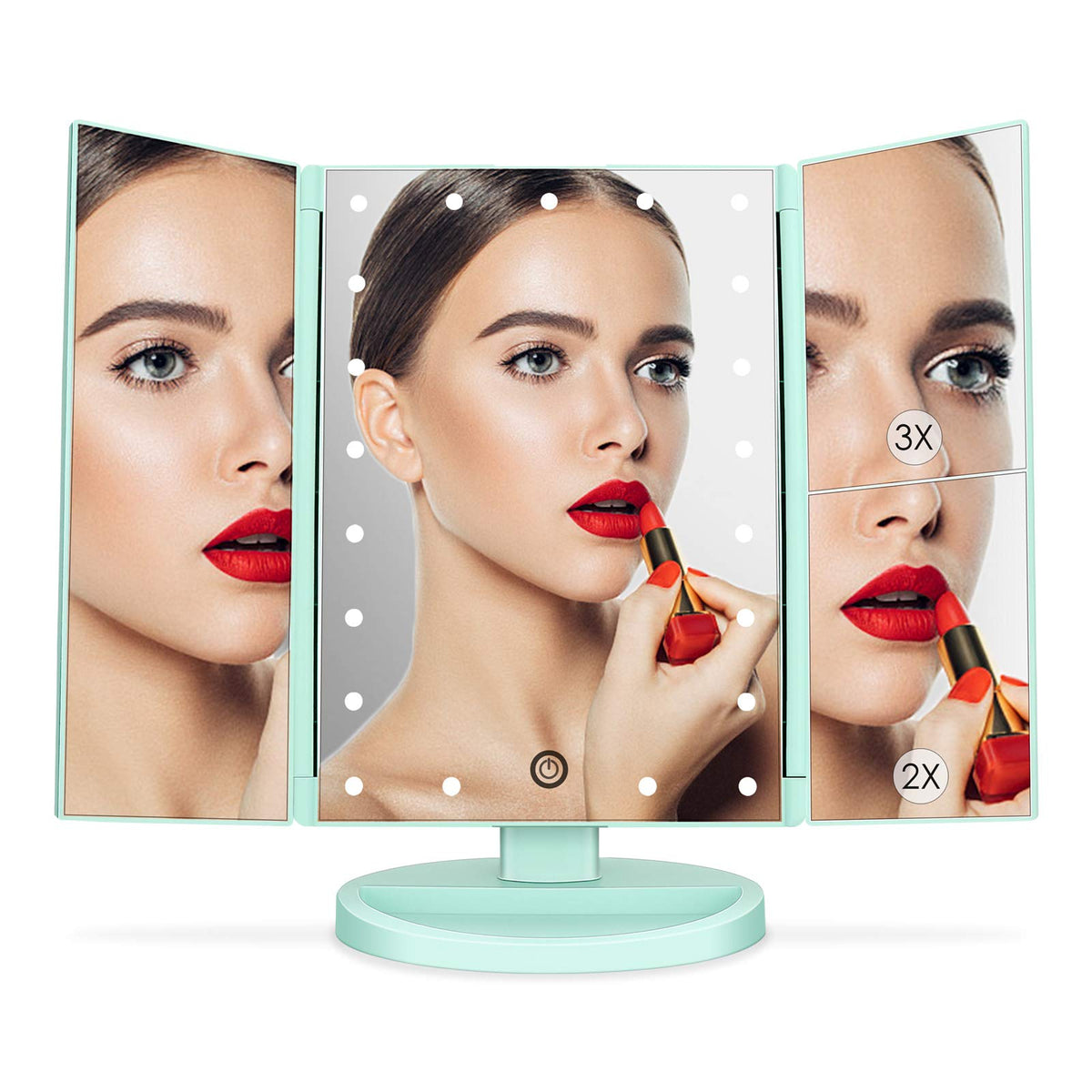 deweisn Tri-Fold Lighted Makeup Mirror with jewellery held in base recess