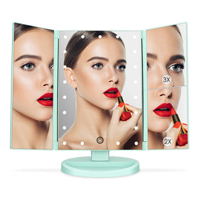deweisn Tri-Fold Lighted Makeup Mirror with jewellery held in base recess