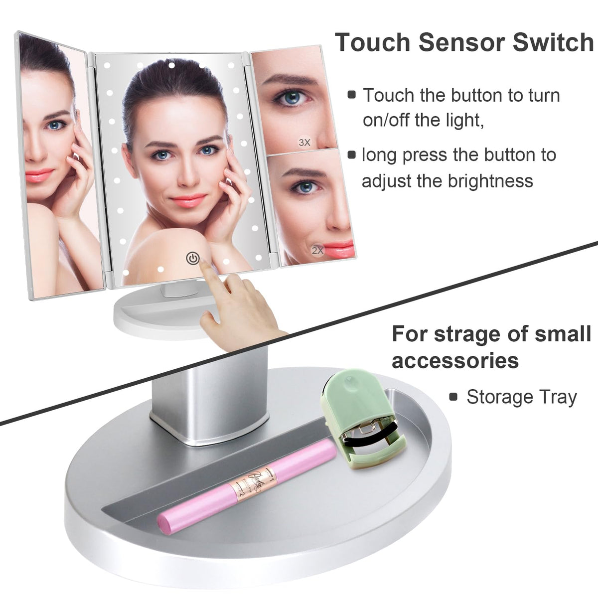 deweisn Tri-Fold Lighted Vanity Mirror close-up of touch sensor switch
