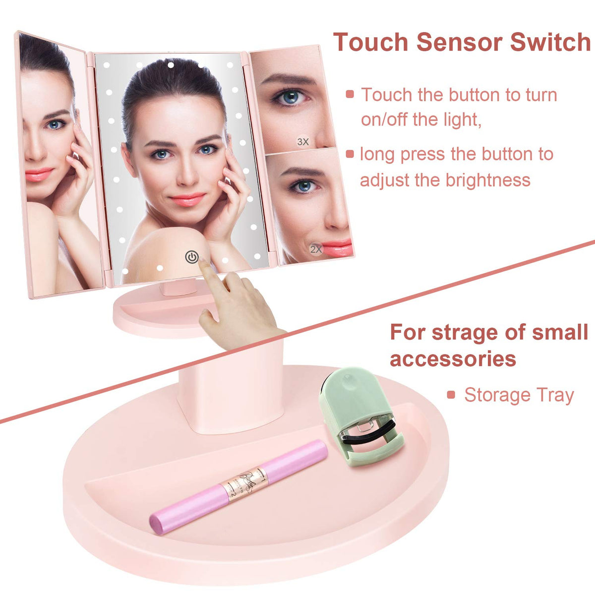 deweisn Tri-Fold Lighted Vanity Mirror showcasing base recess for cosmetics