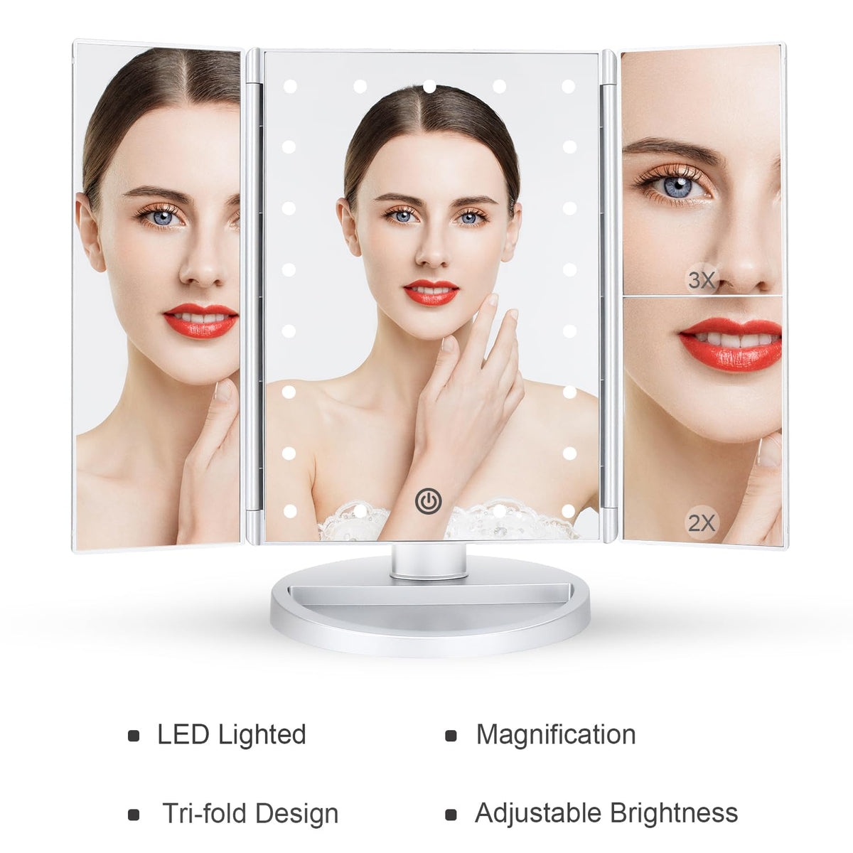 deweisn Tri-Fold Lighted Vanity Mirror showing base recess for cosmetics