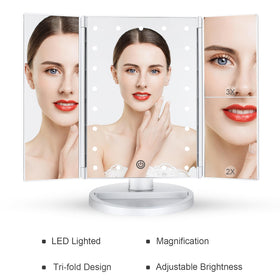 deweisn Tri-Fold Lighted Vanity Mirror showing base recess for cosmetics