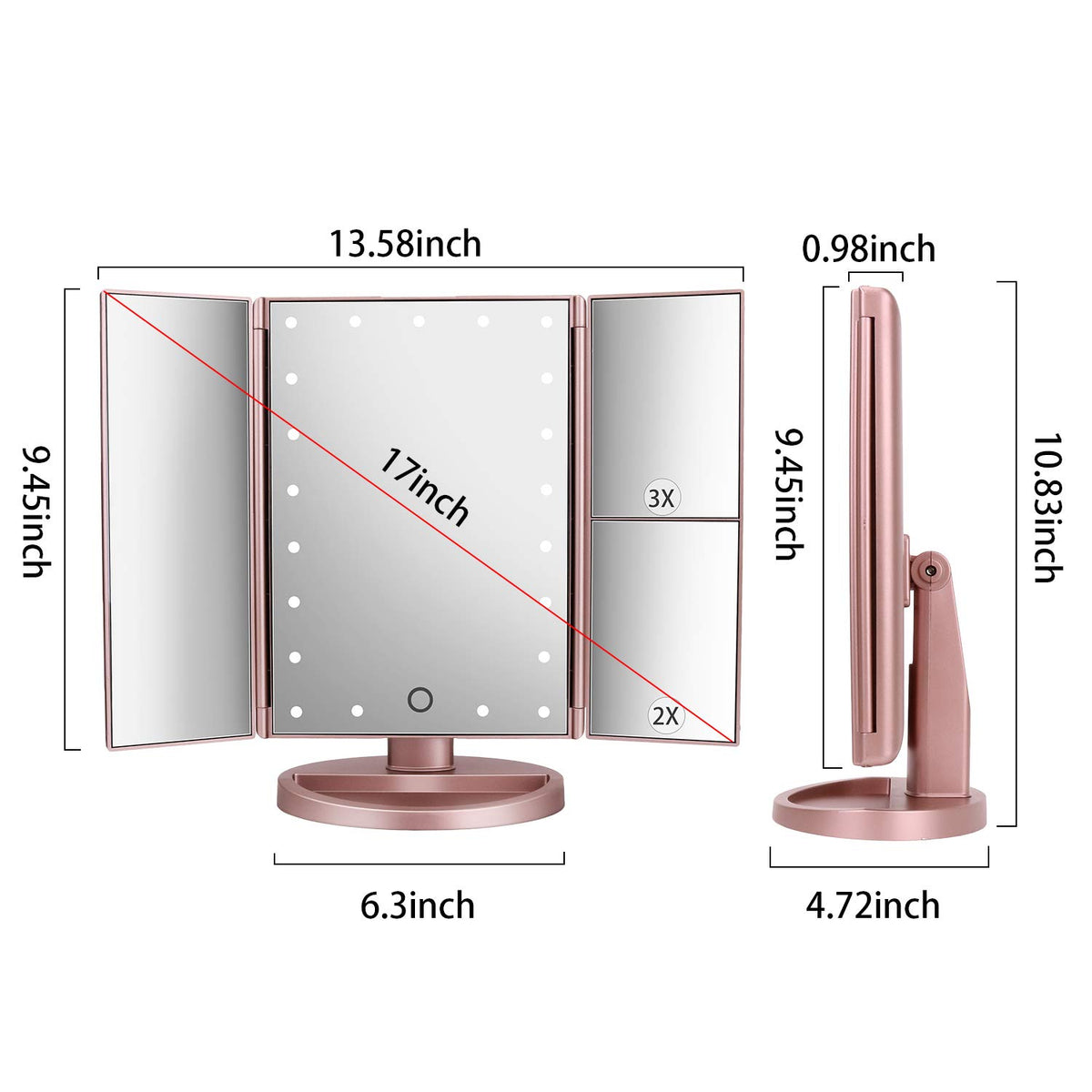 deweisn Tri-Fold Lighted Vanity Mirror side view showing adjustable panels