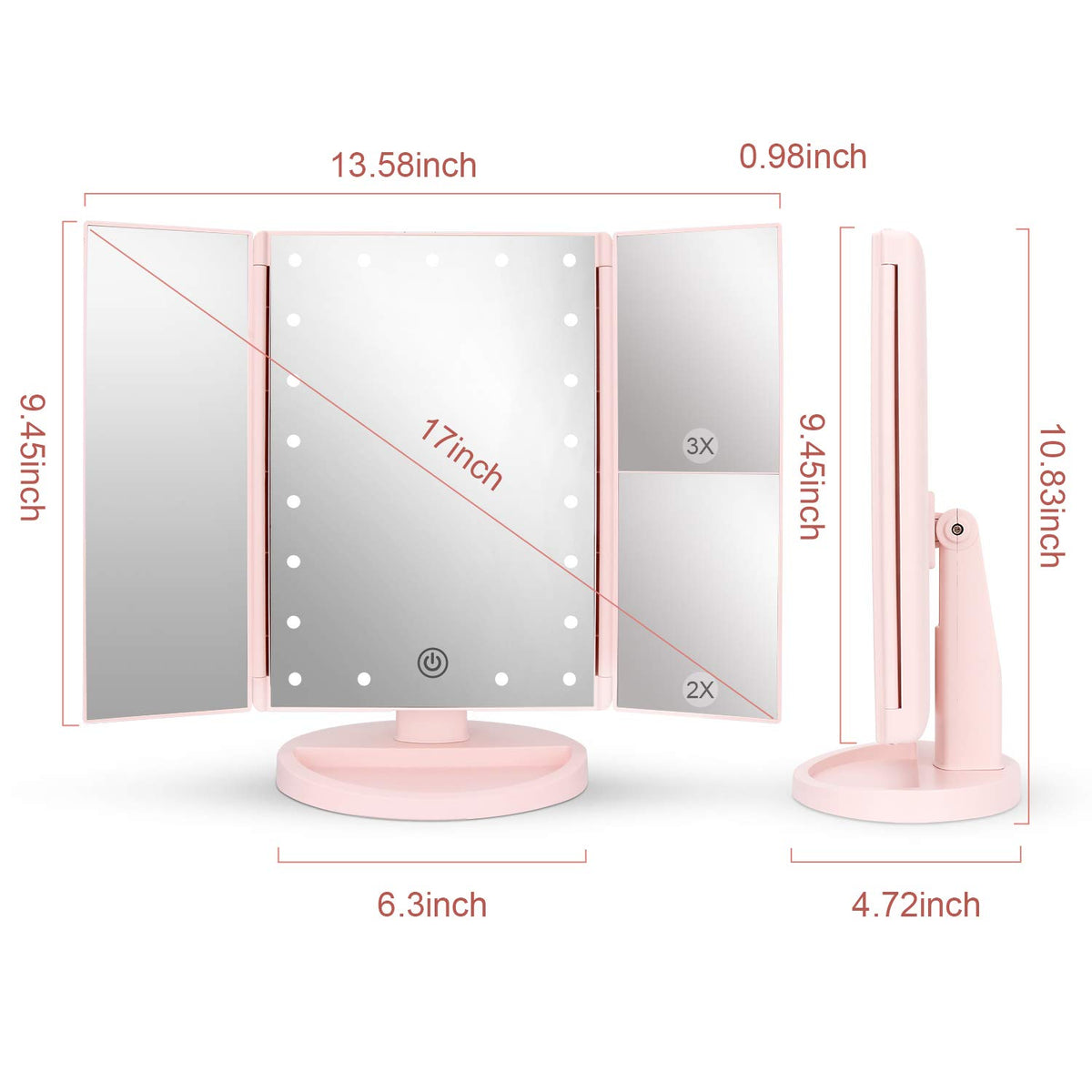deweisn Tri-Fold Lighted Vanity Mirror side view with 180° swivel
