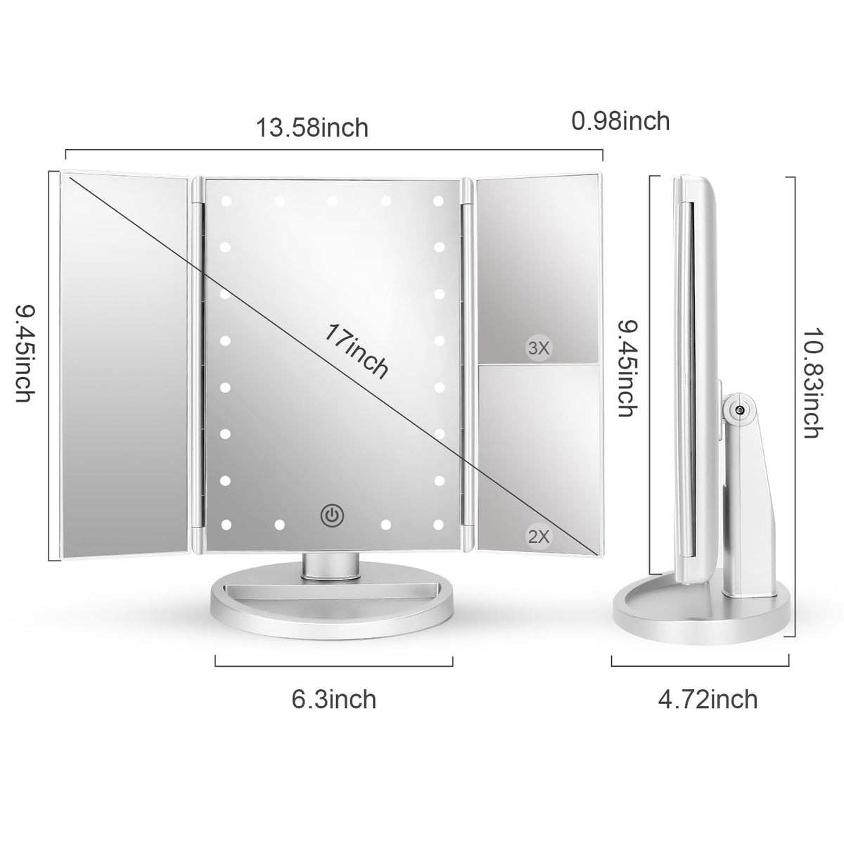 deweisn Tri-Fold Lighted Vanity Mirror with 3X magnification detail