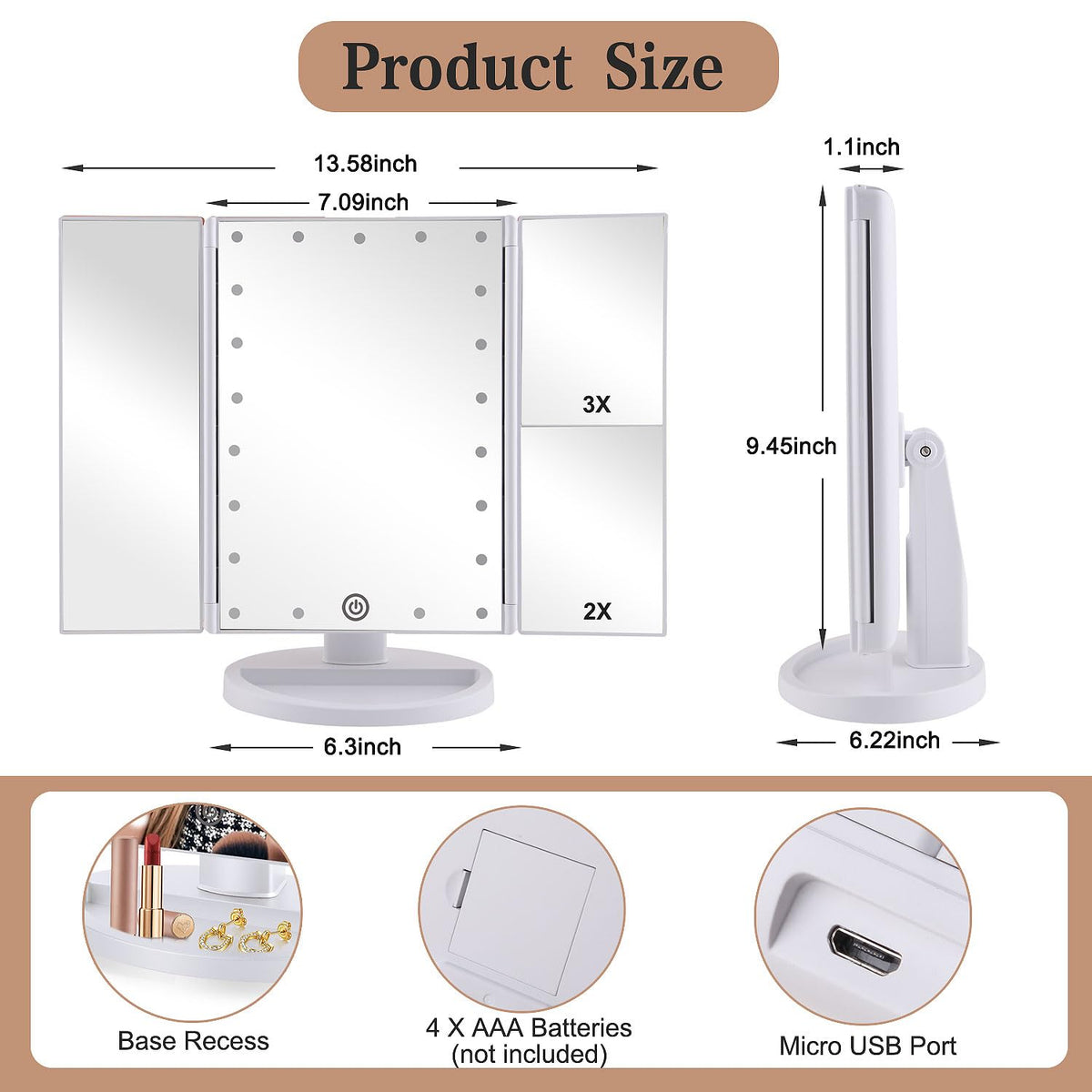 deweisn Tri-Fold Lighted Vanity Mirror with USB cable
