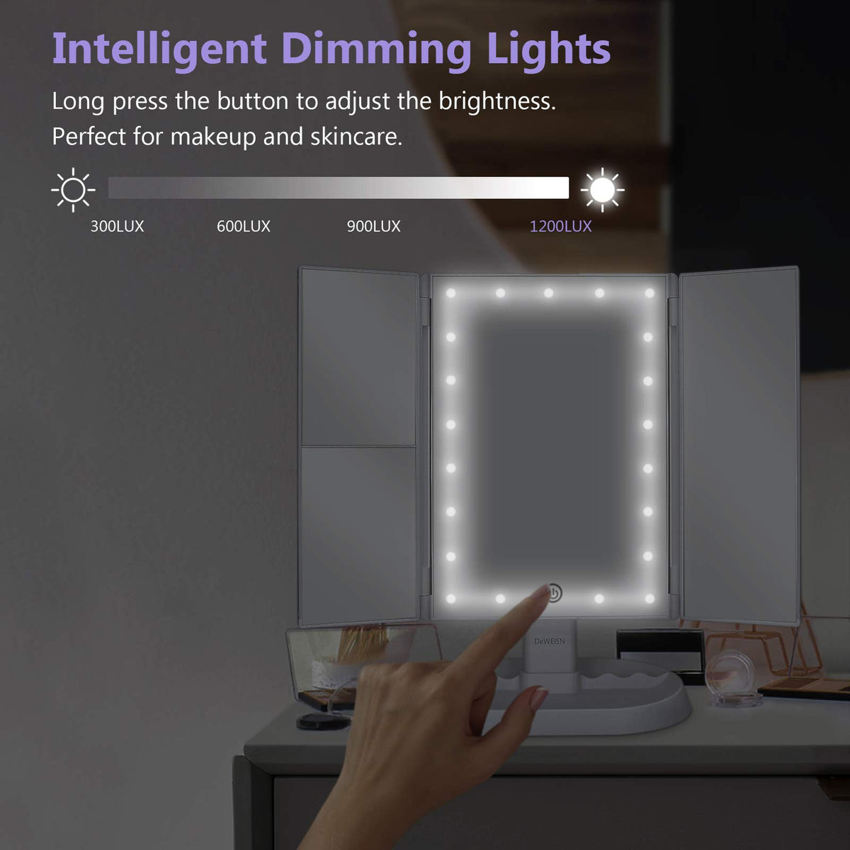 deweisn Trifold Lighted Makeup Mirror base with storage for cosmetics