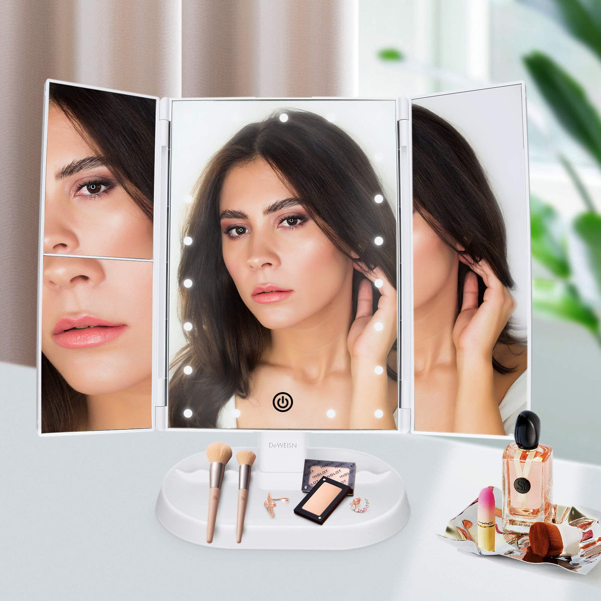 deweisn Trifold Lighted Makeup Mirror packaging and accessories