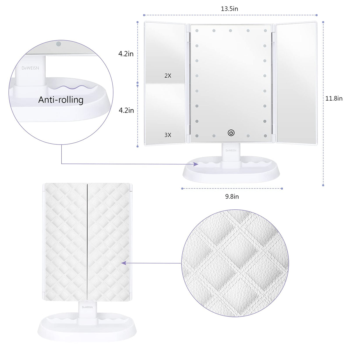 deweisn Trifold Lighted Makeup Mirror side view showing 3X magnification