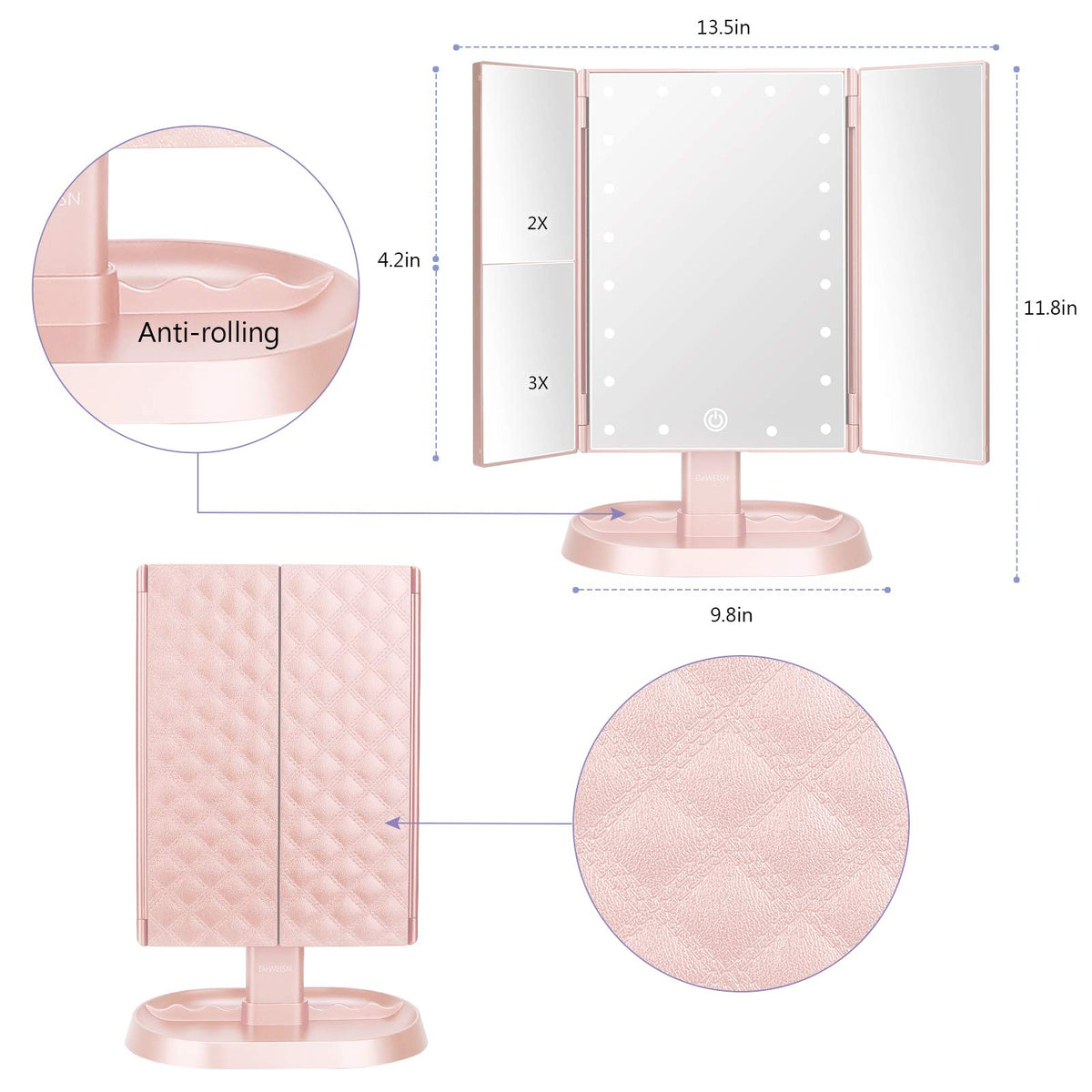 deweisn Trifold Lighted Makeup Mirror side view showing touch control