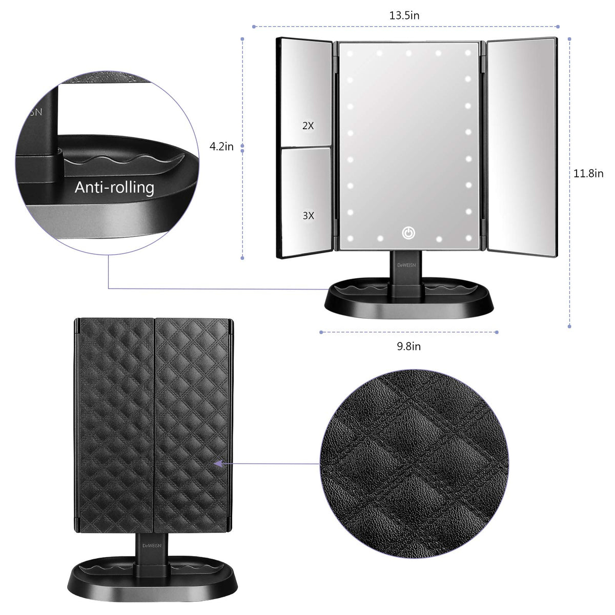 deweisn Trifold Lighted Vanity Makeup Mirror showing touch control feature