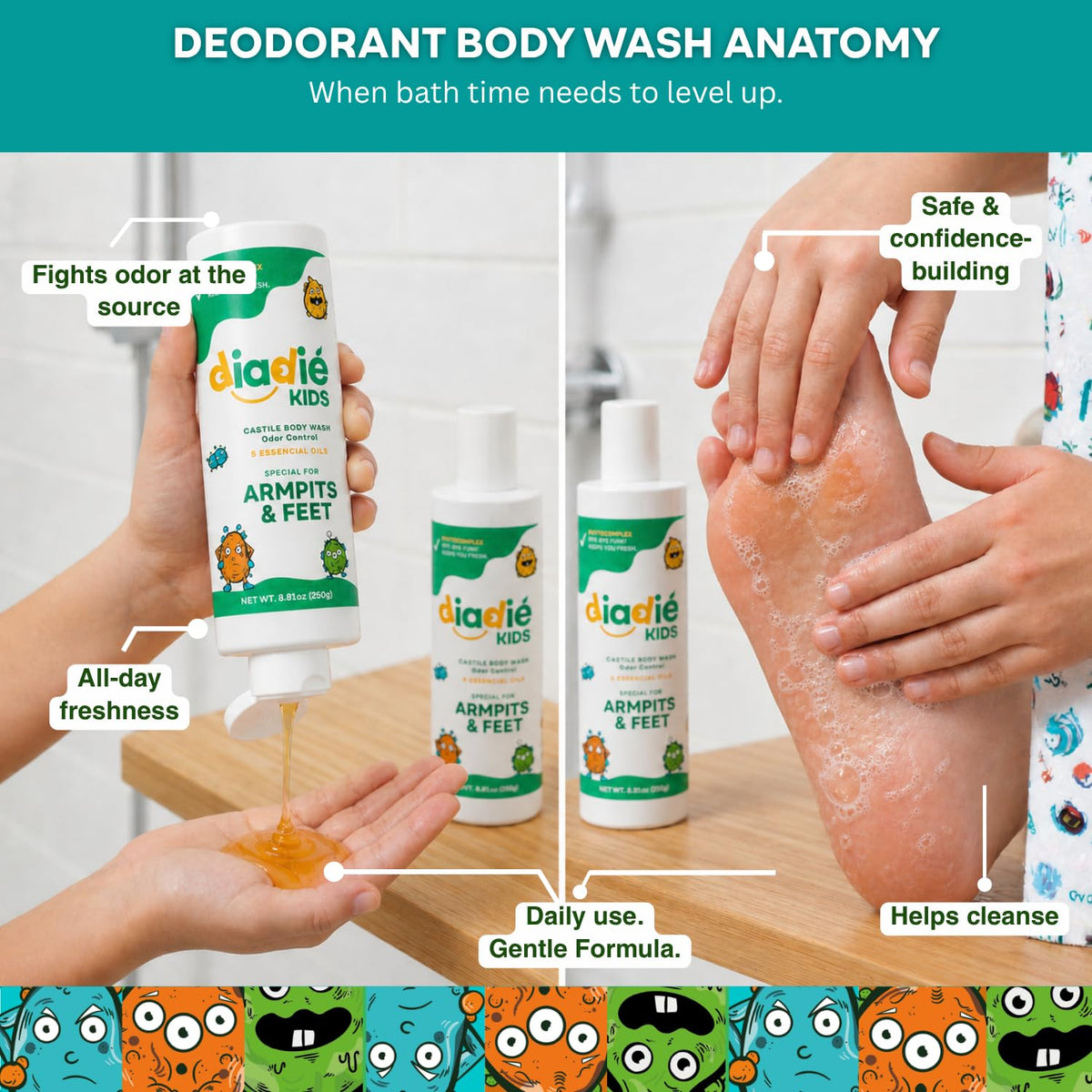 DIADIÉ Kids Body Wash application for underarms in a shower setting