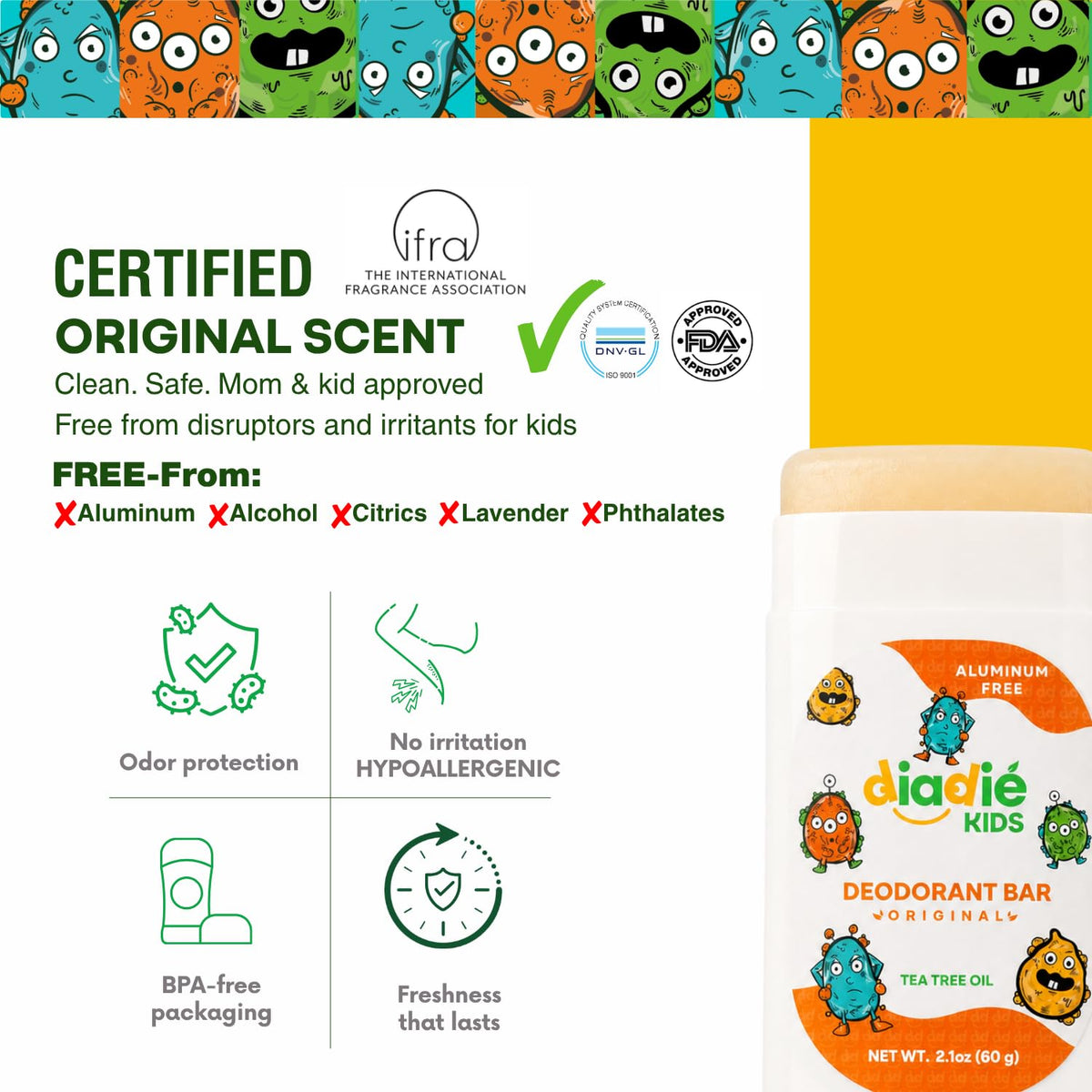 DIADIÉ Kids Deodorant Stick with Tea Tree Oil ingredients