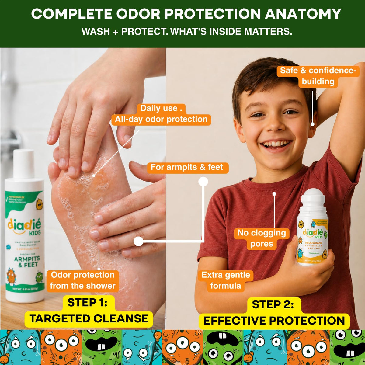 DIADIÉ Kids Natural Body Wash and Roll-On Deodorant packaging