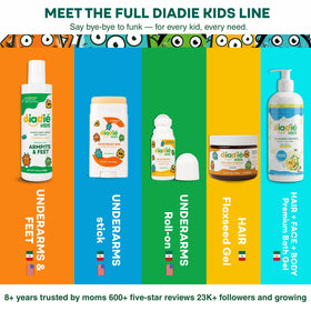 DIADIÉ Kids Natural Deodorant Stick and Body Wash in a kid's bathroom setting