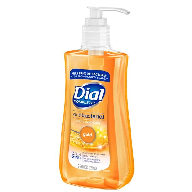 Dial Antimicrobial Liquid Soap 7.5 oz bottle on a bathroom sink