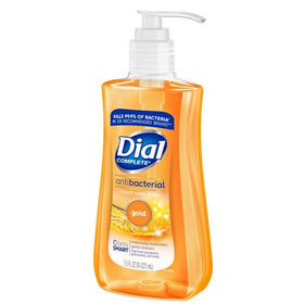 Dial Antimicrobial Liquid Soap 7.5 oz bottle on a bathroom sink