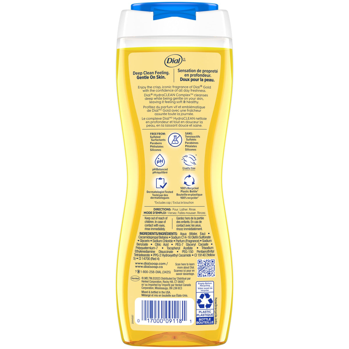 Dial Body Wash Gold bottle on a washcloth with water droplets
