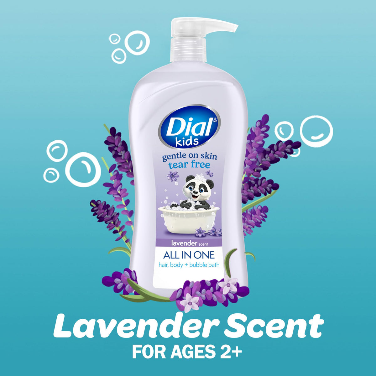 Dial Kids Lavender Body Wash with bubbles background