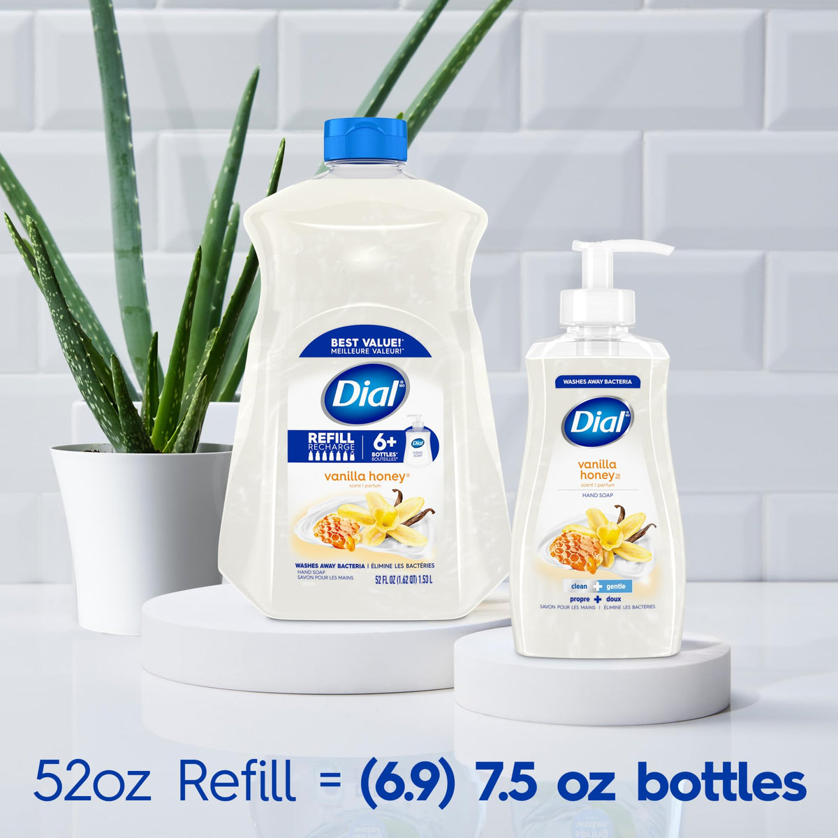 Dial Liquid Hand Soap Vanilla Honey 52 Fl Oz being used at a sink
