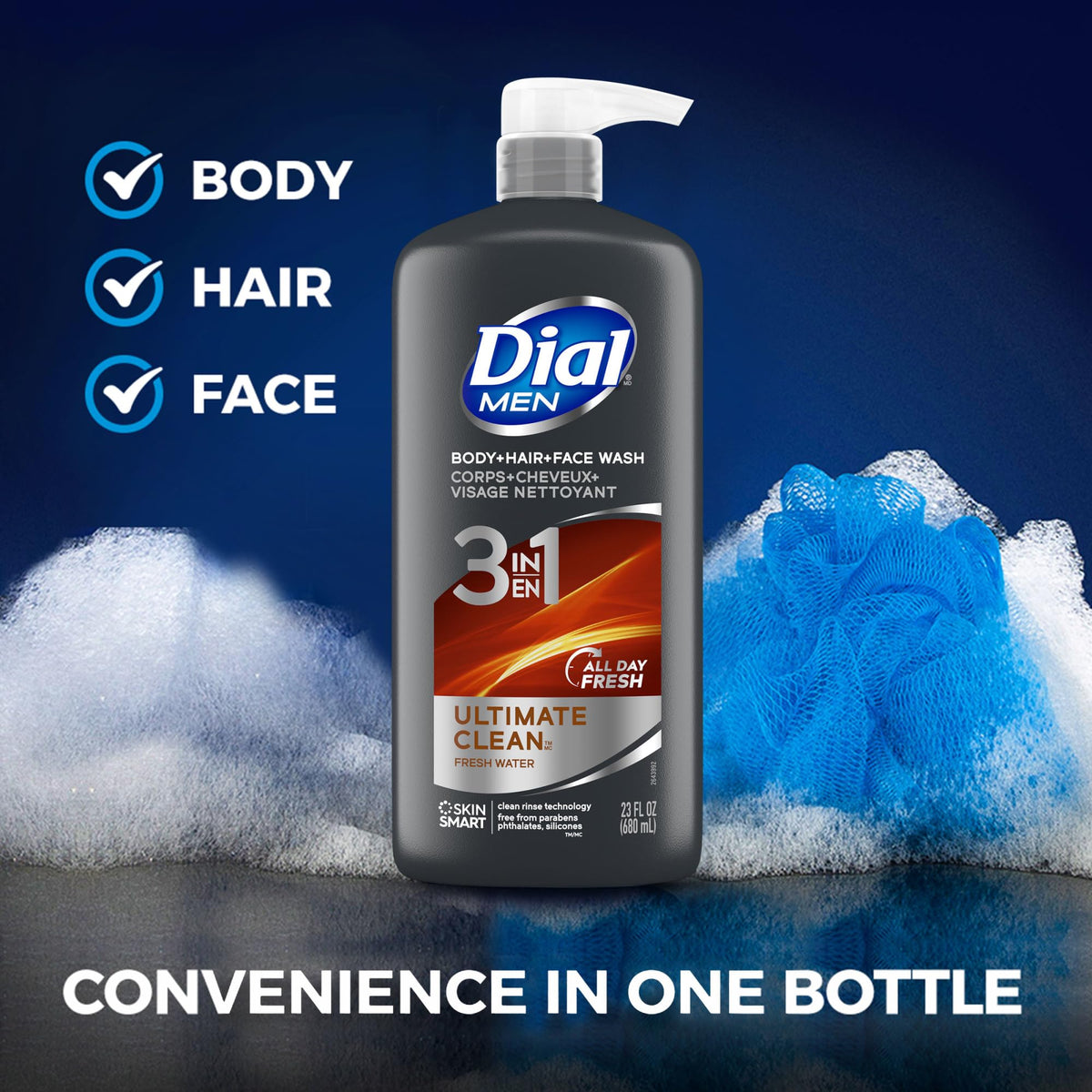 Dial Men 3 in 1 Body, Hair and Face Wash in shower setting