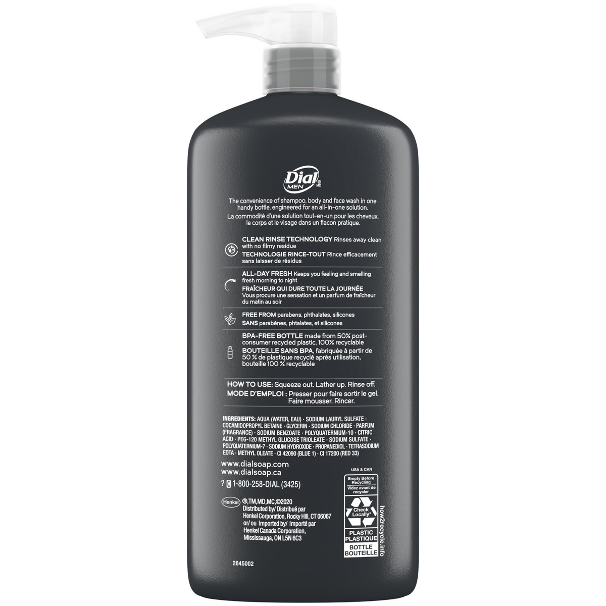 Dial Men 3 in 1 Body, Hair and Face Wash packaging
