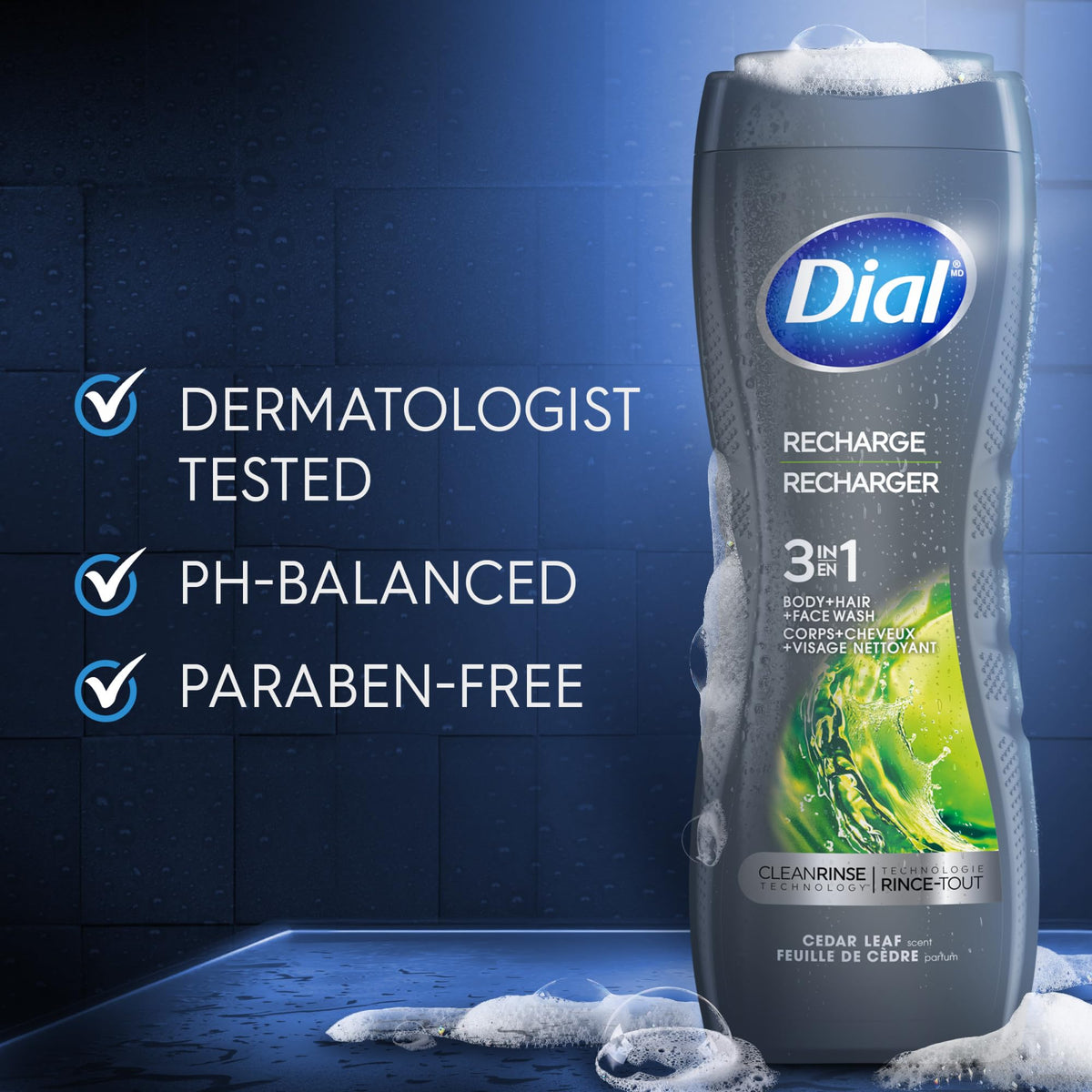 Dial Men 3 in 1 Body Wash in a shower setting