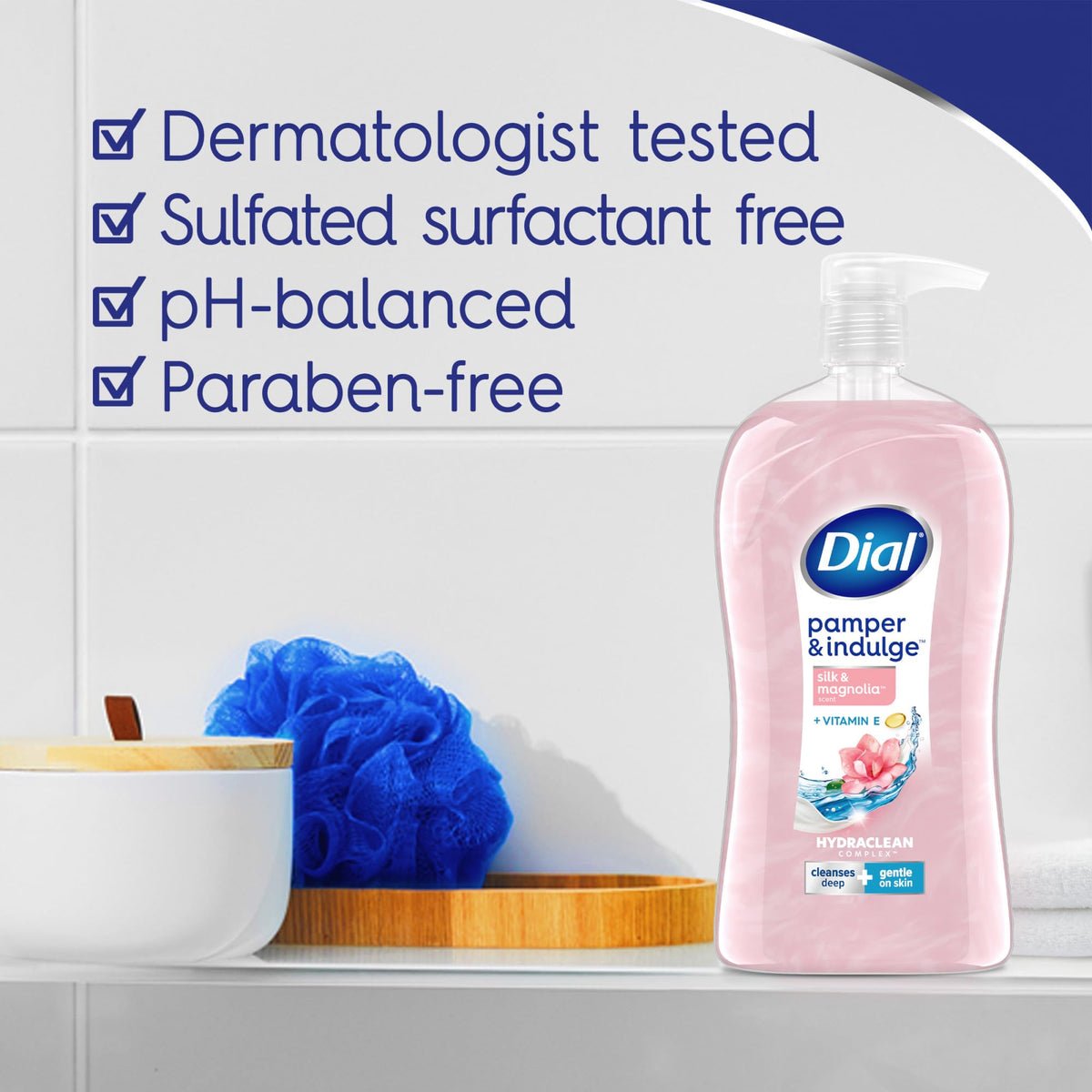 Dial Pamper & Indulge Silk & Magnolia Body Wash with lather on washcloth