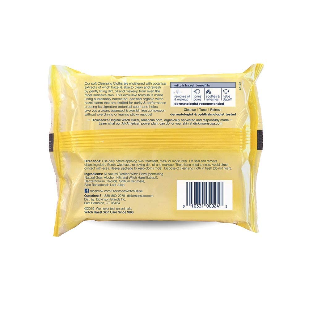 Dickinson's Witch Hazel Cleansing Cloths showing individual cloth
