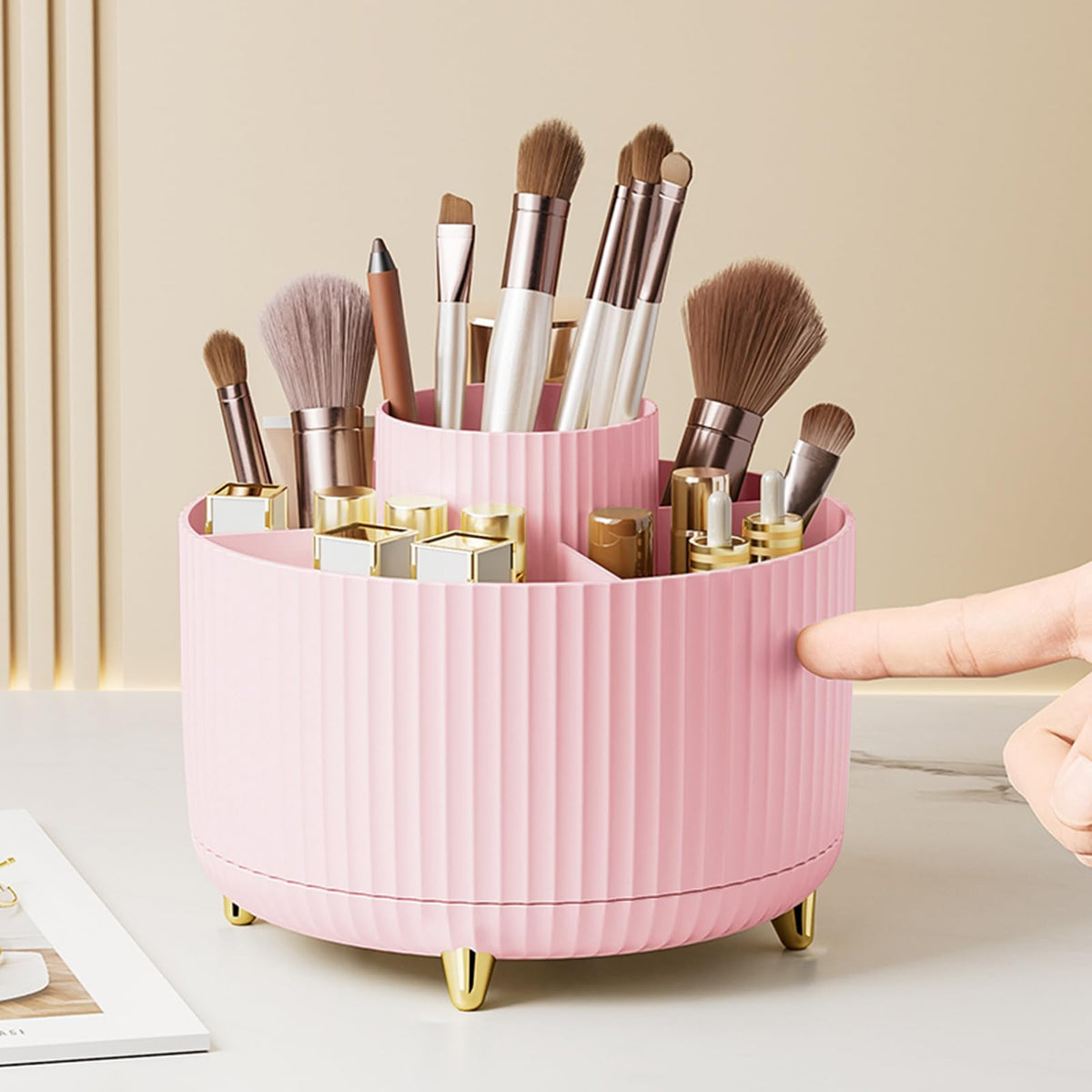 Diesisa 360° Rotating Makeup Brush Holder in Pink front view