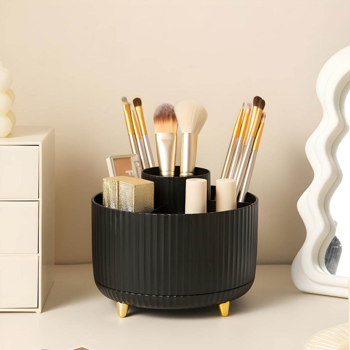 Diesisa 360° Rotating Makeup Brush Organizer front view, black