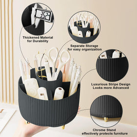 Diesisa 360° Rotating Makeup Brush Organizer on vanity with makeup brushes