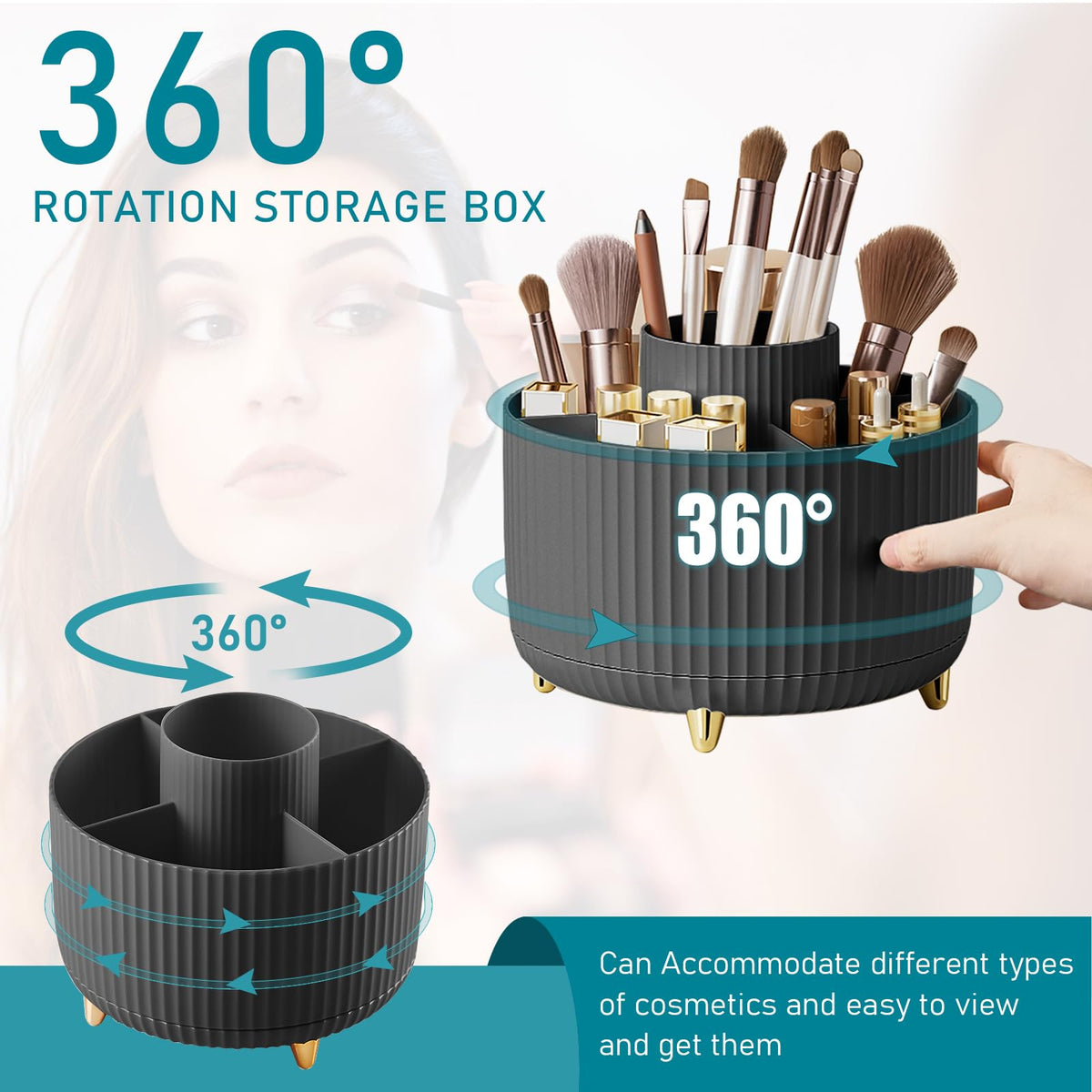 Diesisa 360° Rotating Makeup Brush Organizer side view with compartments