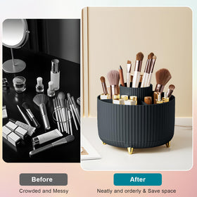 Diesisa 360° Rotating Makeup Brush Organizer with nail polish and lipstick