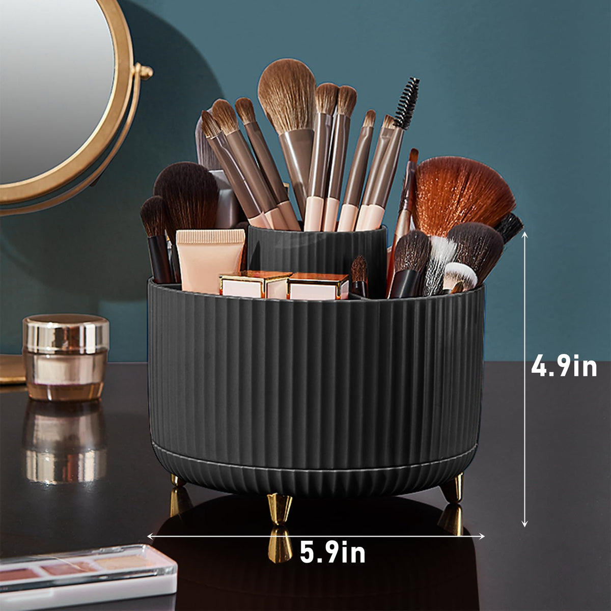 Diesisa 360° Rotating Makeup Brush Organizer with office supplies