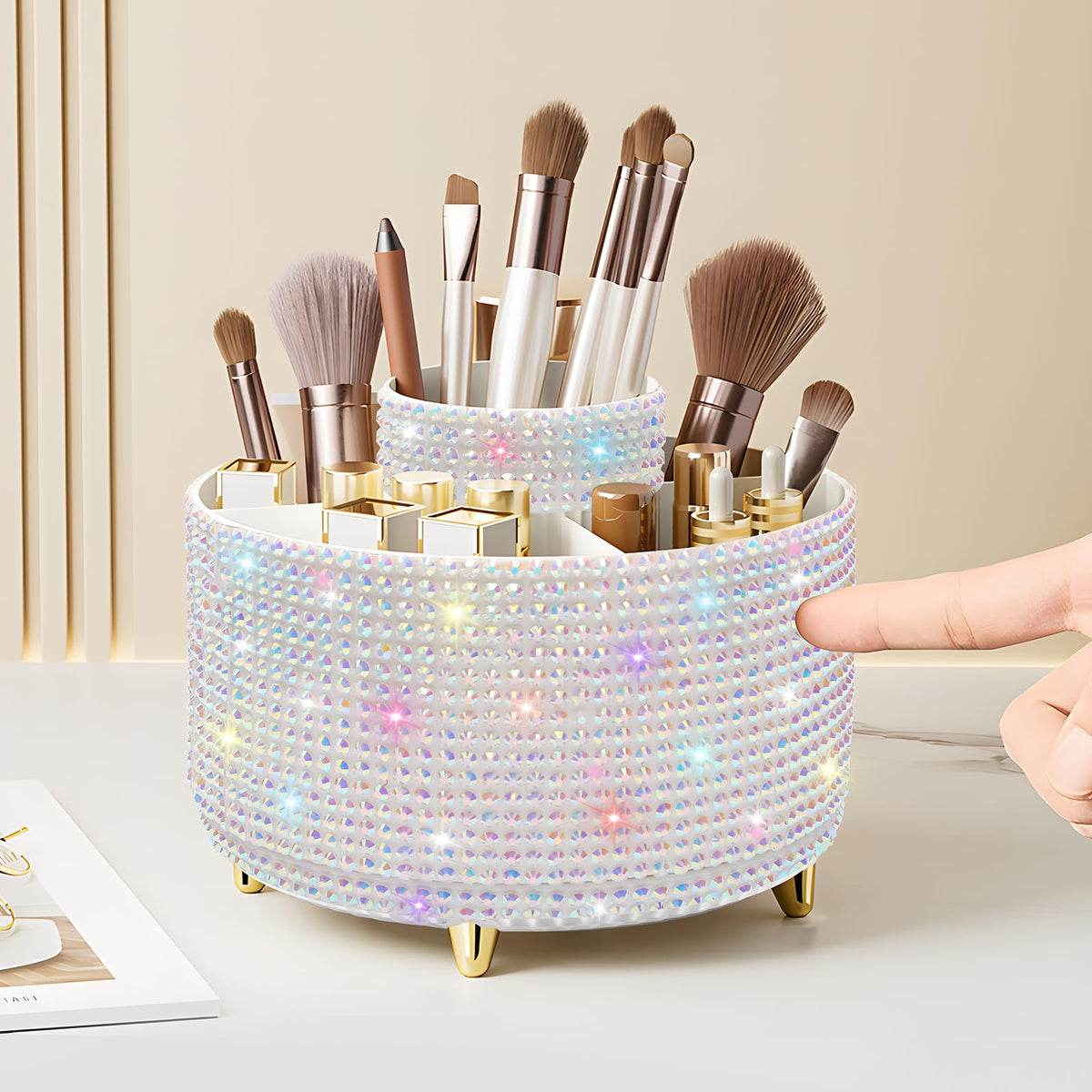 Diesisa Bling Diamond 360° Makeup Brush Holder front view with rhinestones