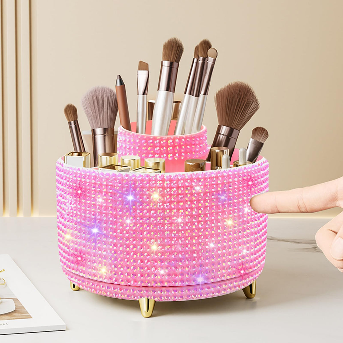 Diesisa Bling Diamond 360° Makeup Brush Holder front view with rhinestone decoration
