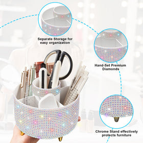 Diesisa Bling Diamond 360° Makeup Brush Holder on a vanity with makeup products