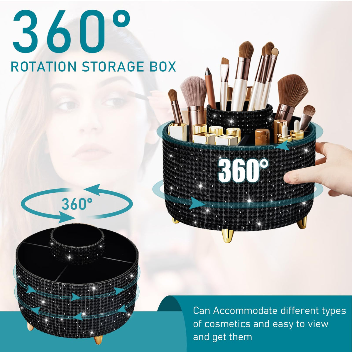Diesisa Bling Diamond 360° Makeup Brush Holder rotating feature demonstration